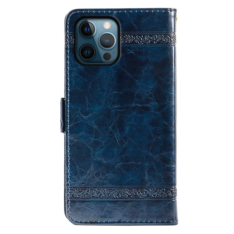 Für Iphone 14 Pro Max Wallet Phone Case Waxy Textur Eingeprägte Blume Anti-kratzer Folio Cover PU Lederstand Shell - Blau