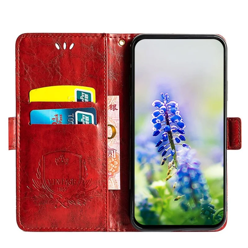 For iPhone 14 Pro Max Wallet Phone Case Waxy Texture Imprinted Flower Anti-Scratch Folio Cover PU Leather Stand Shell - Red