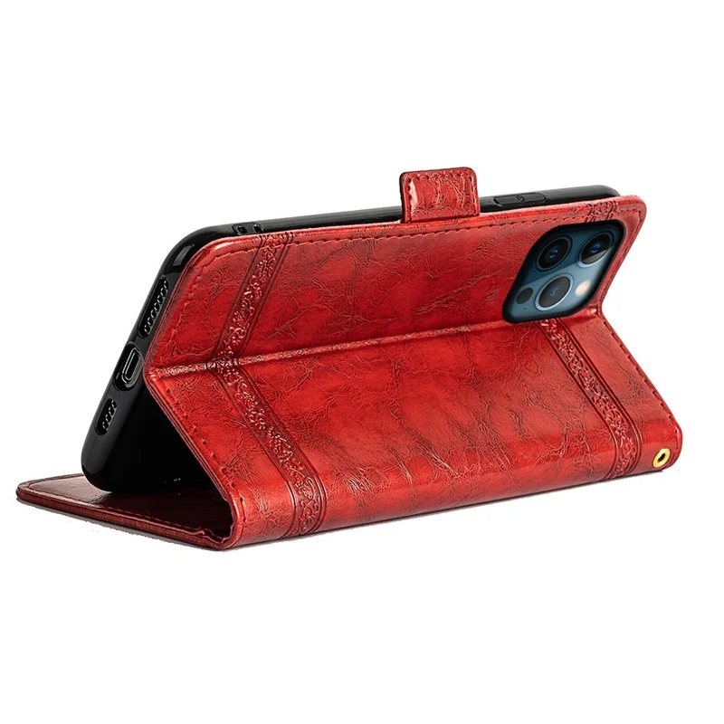 For iPhone 14 Pro Max Wallet Phone Case Waxy Texture Imprinted Flower Anti-Scratch Folio Cover PU Leather Stand Shell - Red