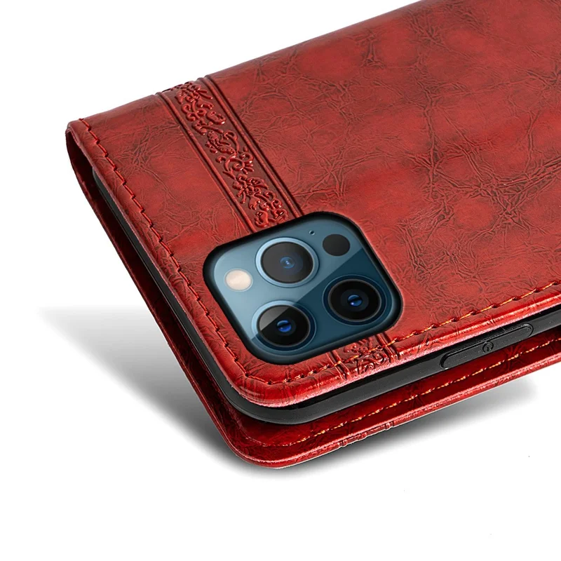 For iPhone 14 Pro Max Wallet Phone Case Waxy Texture Imprinted Flower Anti-Scratch Folio Cover PU Leather Stand Shell - Red