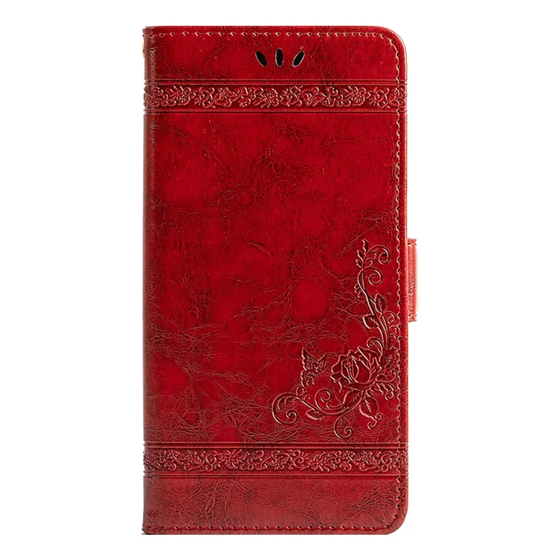 For iPhone 14 Pro Max Wallet Phone Case Waxy Texture Imprinted Flower Anti-Scratch Folio Cover PU Leather Stand Shell - Red