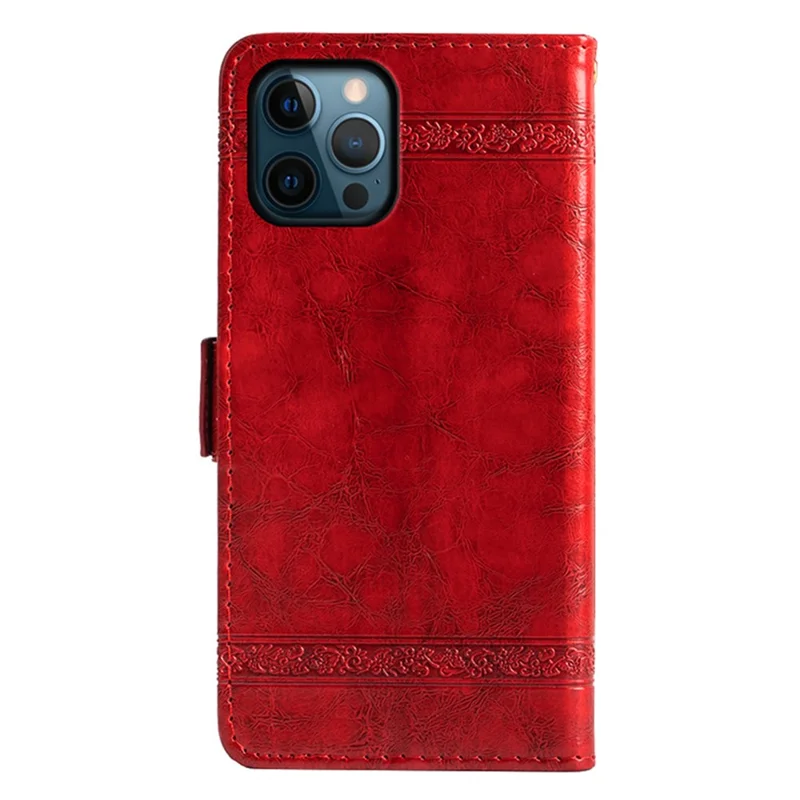 For iPhone 14 Pro Max Wallet Phone Case Waxy Texture Imprinted Flower Anti-Scratch Folio Cover PU Leather Stand Shell - Red