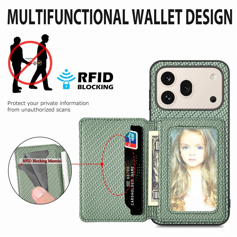 For Honor 600 5G / 600 Pro 5G Case RFID Blocking Carbon Fiber Leather Phone Back Cover with Card Holder - Green
