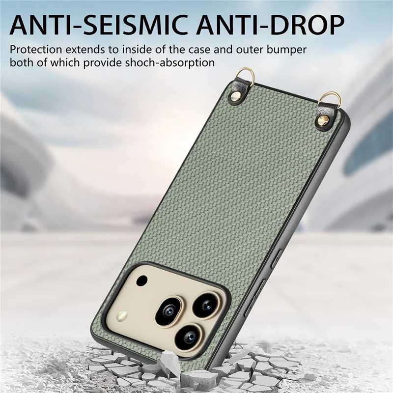 For Honor 600 5G / 600 Pro 5G Case Carbon Fiber Texture Hybrid Phone Back Cover with Adjustable Strap - Green