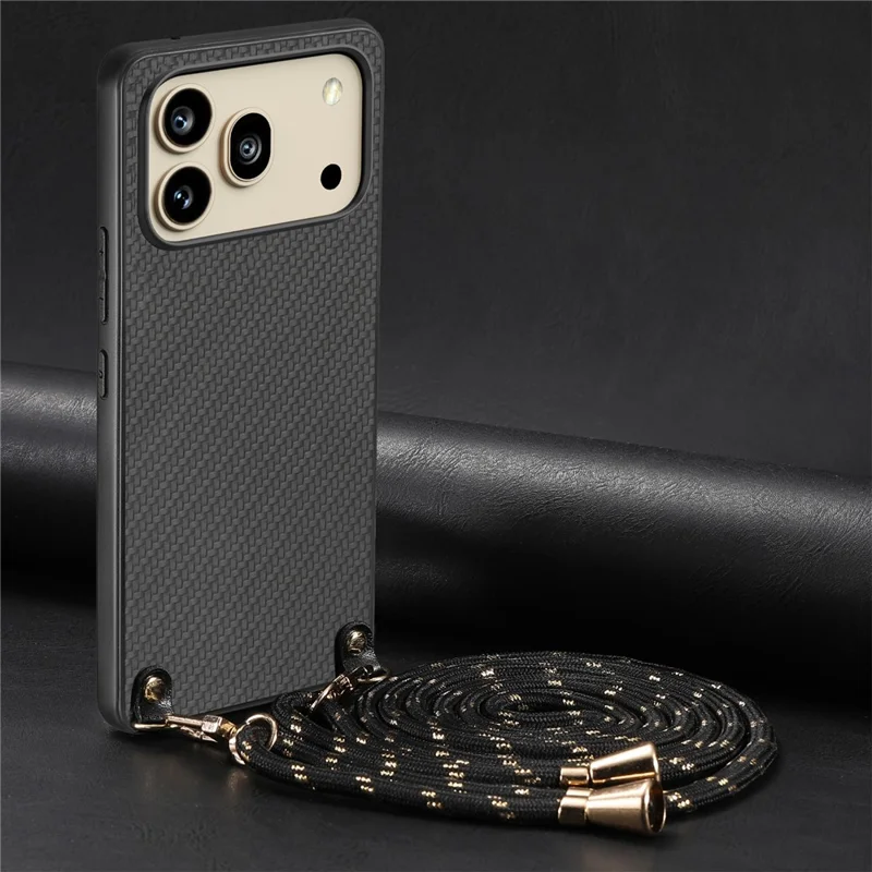 For Honor 600 5G / 600 Pro 5G Case Carbon Fiber Texture Hybrid Phone Back Cover with Adjustable Strap - Black