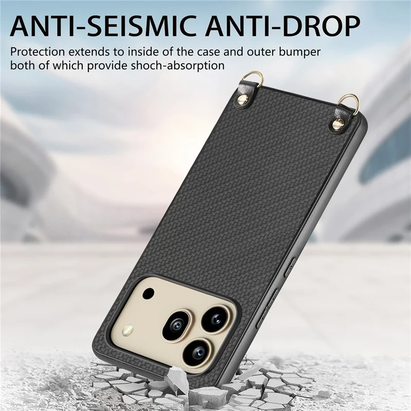 For Honor 600 5G / 600 Pro 5G Case Carbon Fiber Texture Hybrid Phone Back Cover with Adjustable Strap - Black