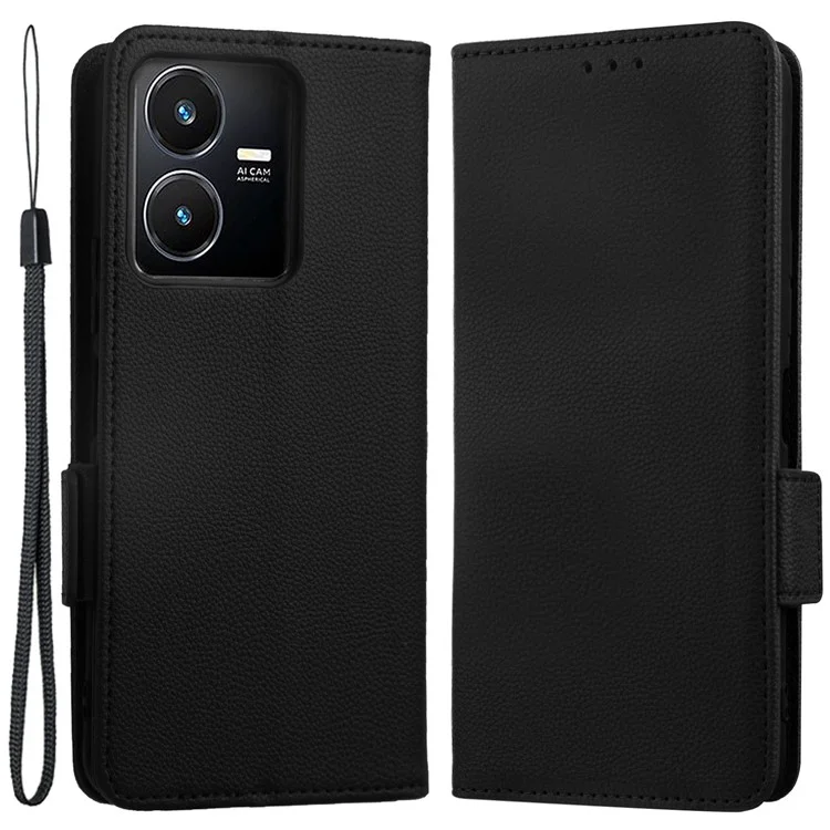 Per Vivo Y22 4G / Y22s 4G / Y35 4G (2022) Copertura Magnetica Telefono Litchi Texture State Regolabile Custodia Per Telefono Flip in Pelle PU Con Cinturino - Nero