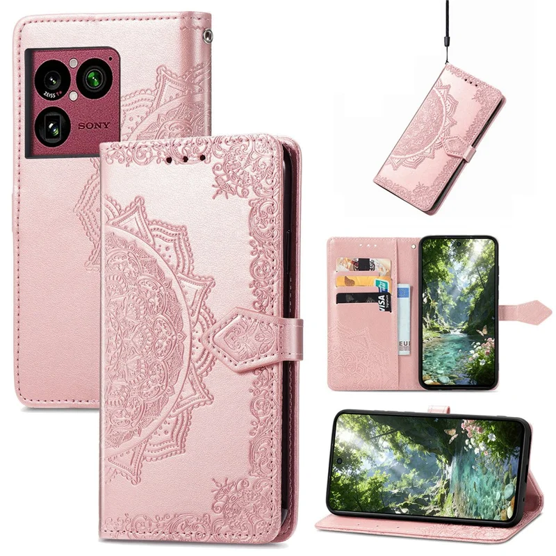 For Sony Xperia 1 VIII Wallet Case Mandala Flower Leather Phone Cover Stand - Rose Gold