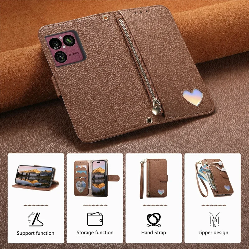 Handytasche für Sony Xperia 1 VIII mit Reißverschlussfach, TPU-PU-Leder-Handytasche mit Gurt – Braun