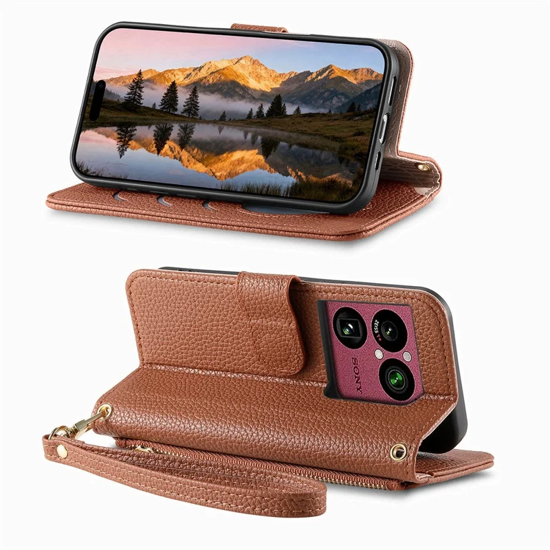 Handytasche für Sony Xperia 1 VIII mit Reißverschlussfach, TPU-PU-Leder-Handytasche mit Gurt – Braun