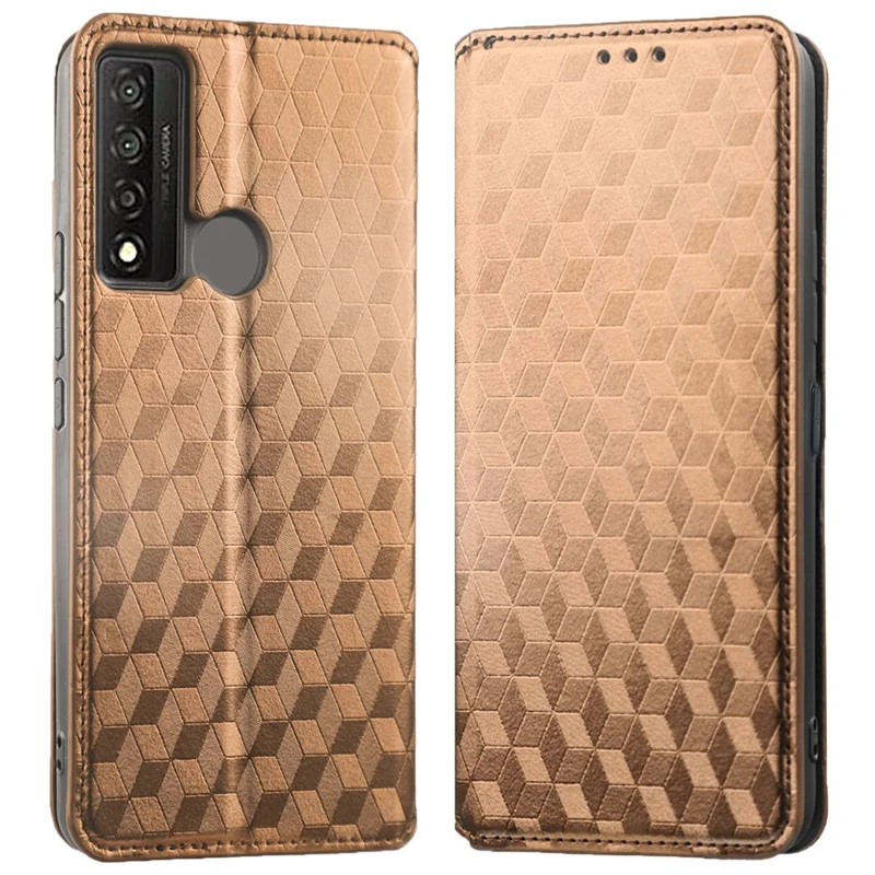 For TCL 20 XE Imprinted Rhombus Pattern Phone Case PU Leather Stand Wallet Magnetic Auto-absorbed Folio Flip Cover - Brown