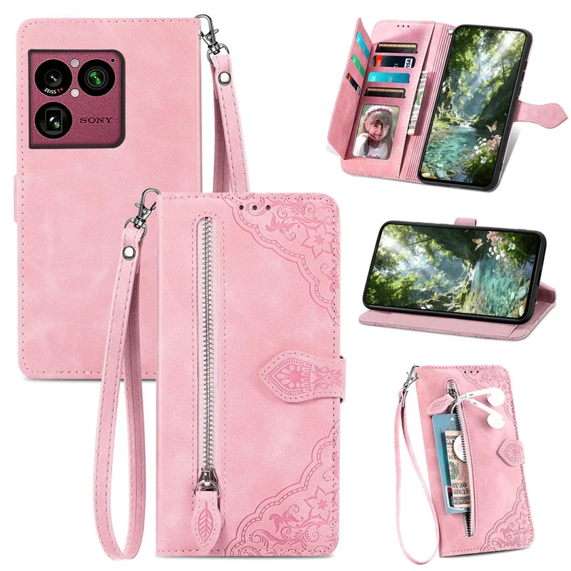 Für Sony Xperia 1 VIII Kippmappenhülle mit Reißverschluss und Trageband, Blumenmuster, PU-Leder-Handyhülle - Rosa