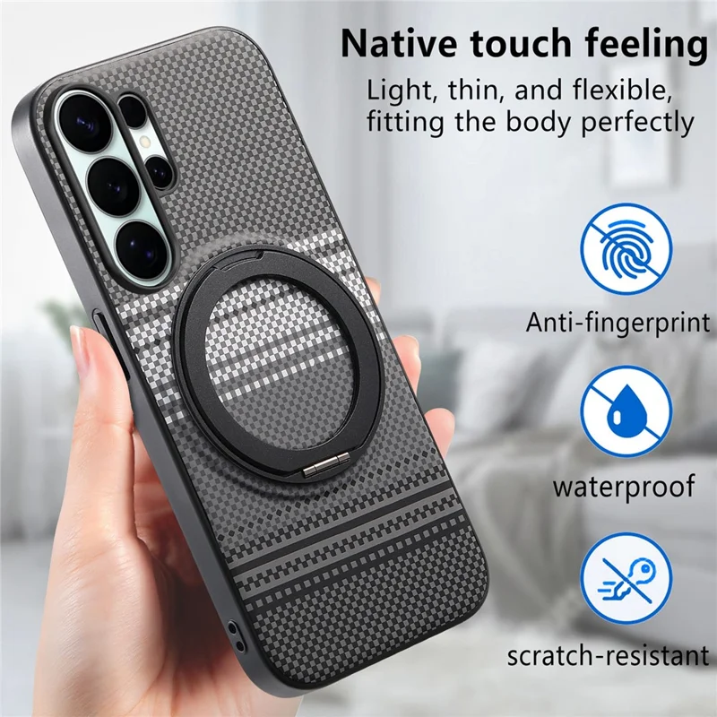 For Samsung Galaxy S25 Ultra Magnetic Case Rotation Kickstand PU Leather + TPU Phone Cover - Black