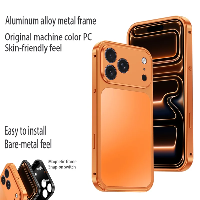 For iPhone 18 Pro Max Magnetic Case Metal Frame PC Back Phone Cover with Pop-Up Buckle - Orange