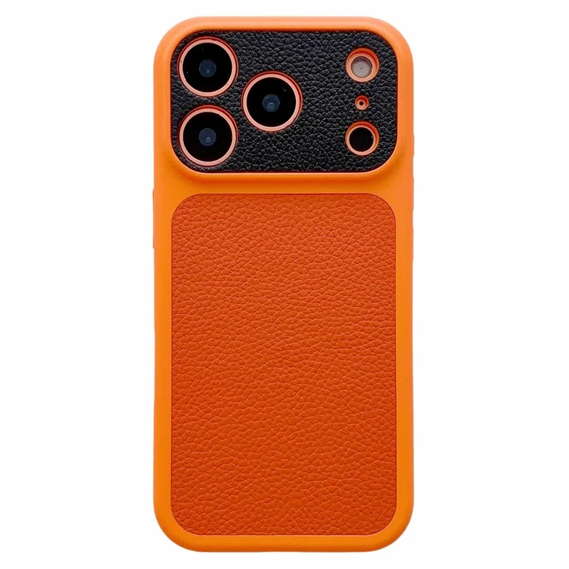 For iPhone 17 Pro Max Case Litchi Texture Genuine Cow Leather Coated TPU + PC Protective Cover - Orange Shell / Orange+Black