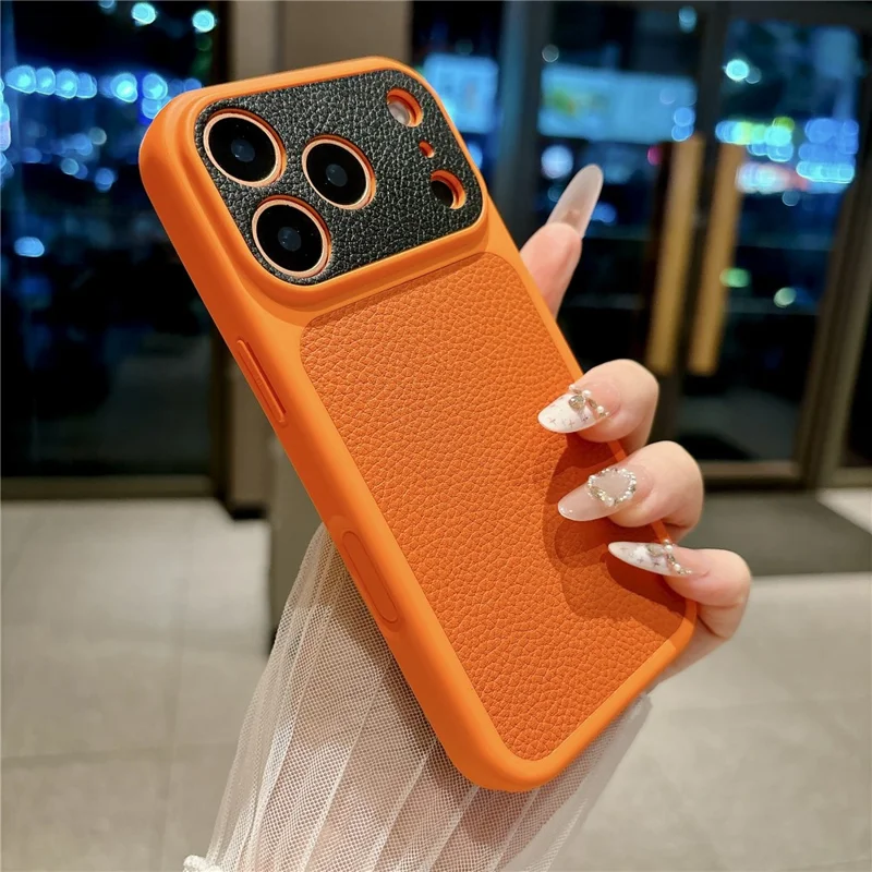 For iPhone 17 Pro Max Case Litchi Texture Genuine Cow Leather Coated TPU + PC Protective Cover - Orange Shell / Orange+Black