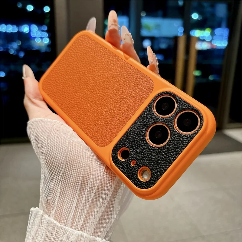 For iPhone 17 Pro Max Case Litchi Texture Genuine Cow Leather Coated TPU + PC Protective Cover - Orange Shell / Orange+Black