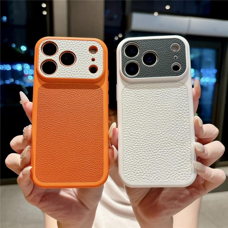 For iPhone 17 Pro Max Case Litchi Texture Genuine Cow Leather Coated TPU + PC Protective Cover - Orange Shell / Orange+Black