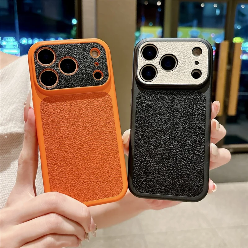 For iPhone 17 Pro Max Case Litchi Texture Genuine Cow Leather Coated TPU + PC Protective Cover - Orange Shell / Orange+Black