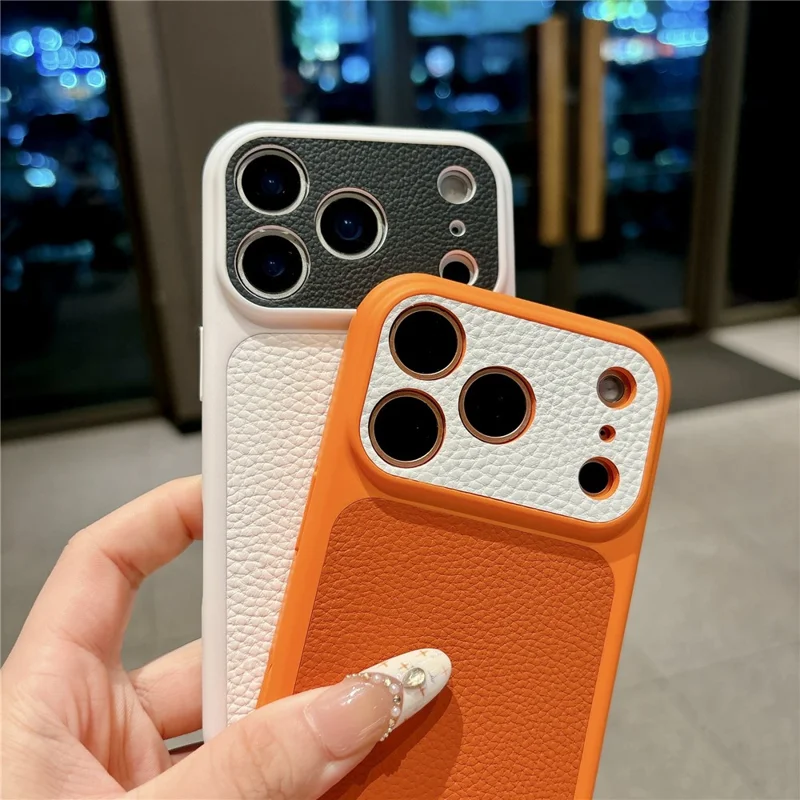 For iPhone 17 Pro Max Case Litchi Texture Genuine Cow Leather Coated TPU + PC Protective Cover - Orange Shell / Orange+Black