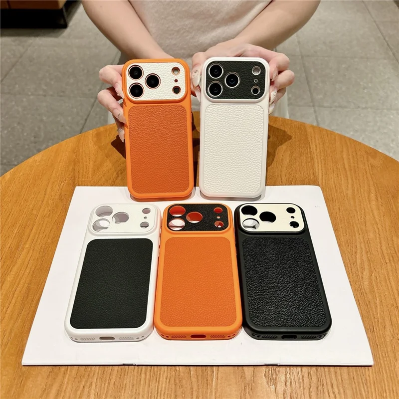 For iPhone 17 Pro Max Case Litchi Texture Genuine Cow Leather Coated TPU + PC Protective Cover - Orange Shell / Orange+Black