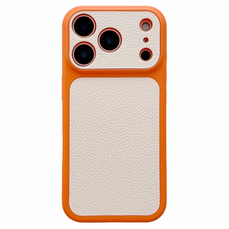 For iPhone 17 Pro Max Case Lychee Texture Genuine Cow Leather Coated TPU + PC Phone Cover - White  /  Orange