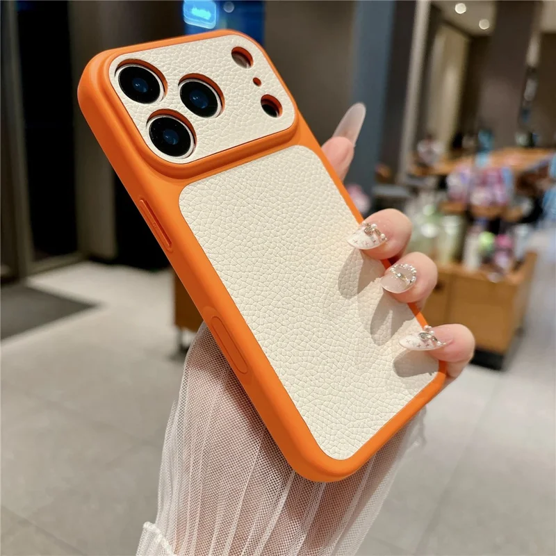 For iPhone 17 Pro Max Case Lychee Texture Genuine Cow Leather Coated TPU + PC Phone Cover - White  /  Orange