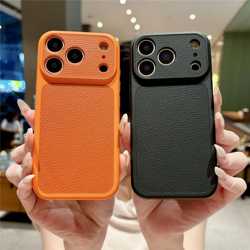 For iPhone 17 Pro Max Case Lychee Texture Genuine Cow Leather Coated TPU + PC Phone Cover - White  /  Orange