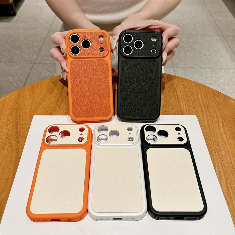 For iPhone 17 Pro Max Case Lychee Texture Genuine Cow Leather Coated TPU + PC Phone Cover - White  /  Orange