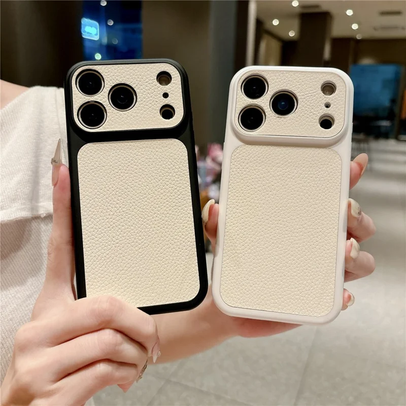 For iPhone 17 Pro Case Lychee Texture Genuine Cow Leather Coated TPU + PC Phone Cover - White  /  Orange