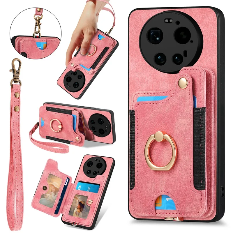 Folia na Xiaomi 17 Ultra 5G, retro etui z syntetycznej skóry PU z blokadą RFID i uchwytem na kartu / uchwyt pierścieniowy - różowy