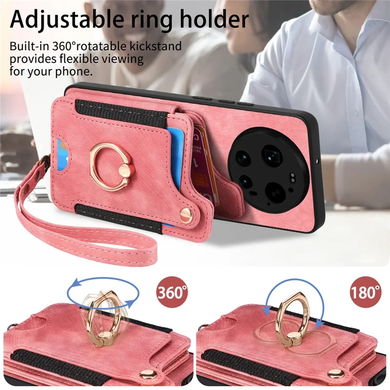 Folia na Xiaomi 17 Ultra 5G, retro etui z syntetycznej skóry PU z blokadą RFID i uchwytem na kartu / uchwyt pierścieniowy - różowy