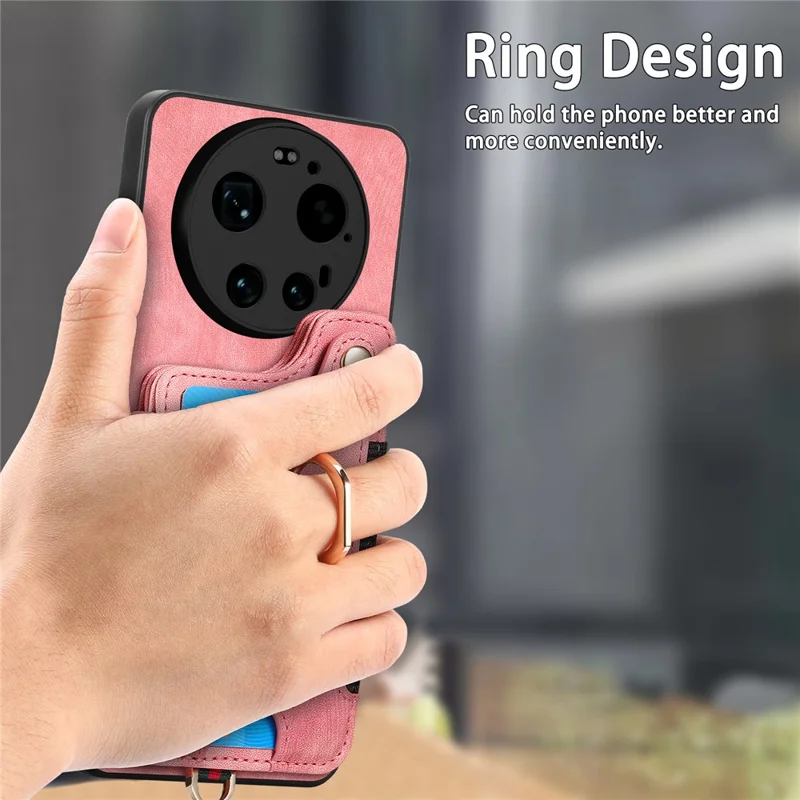 Folia na Xiaomi 17 Ultra 5G, retro etui z syntetycznej skóry PU z blokadą RFID i uchwytem na kartu / uchwyt pierścieniowy - różowy