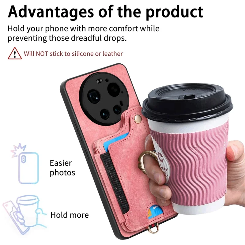 Folia na Xiaomi 17 Ultra 5G, retro etui z syntetycznej skóry PU z blokadą RFID i uchwytem na kartu / uchwyt pierścieniowy - różowy