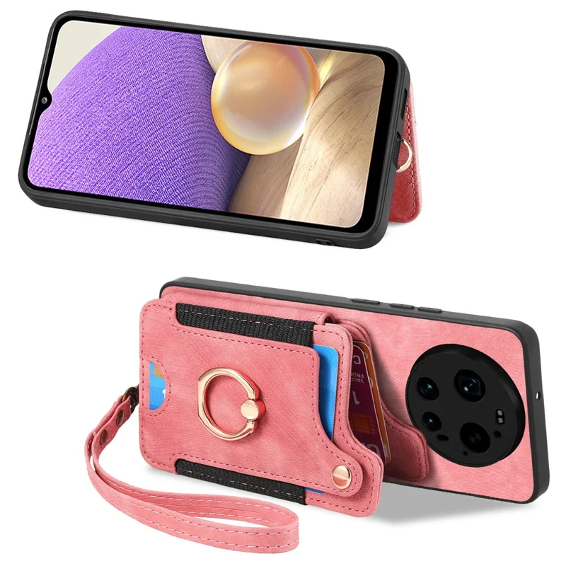 Folia na Xiaomi 17 Ultra 5G, retro etui z syntetycznej skóry PU z blokadą RFID i uchwytem na kartu / uchwyt pierścieniowy - różowy