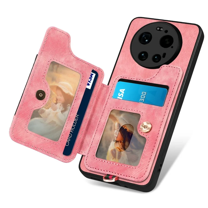 Folia na Xiaomi 17 Ultra 5G, retro etui z syntetycznej skóry PU z blokadą RFID i uchwytem na kartu / uchwyt pierścieniowy - różowy