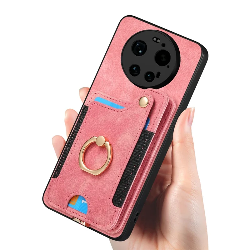 Folia na Xiaomi 17 Ultra 5G, retro etui z syntetycznej skóry PU z blokadą RFID i uchwytem na kartu / uchwyt pierścieniowy - różowy