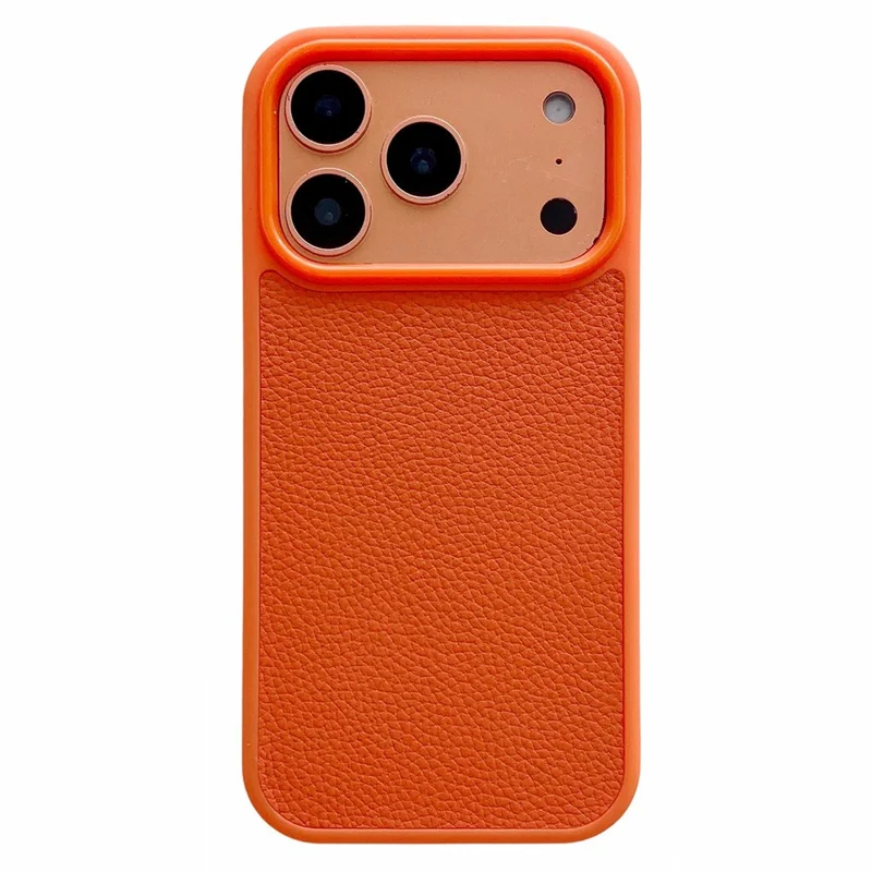 For iPhone 17 Pro Case Textured Genuine Cow Leather + PC + TPU Protective Cover - Litchi Texture / Orange