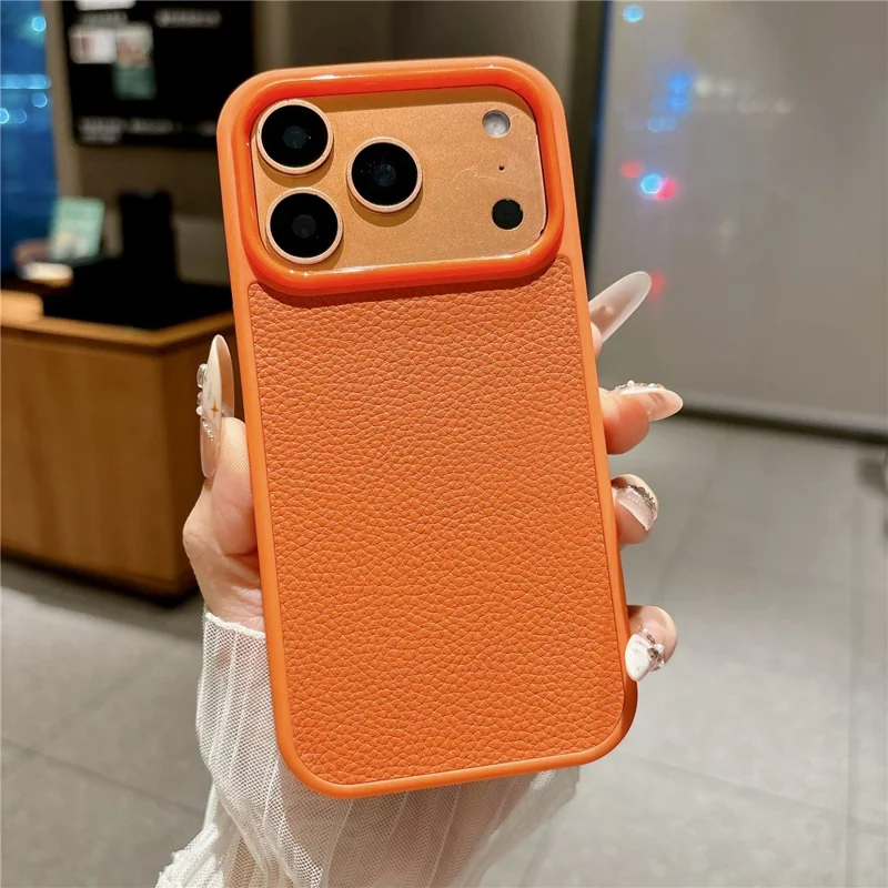 For iPhone 17 Pro Case Textured Genuine Cow Leather + PC + TPU Protective Cover - Litchi Texture / Orange