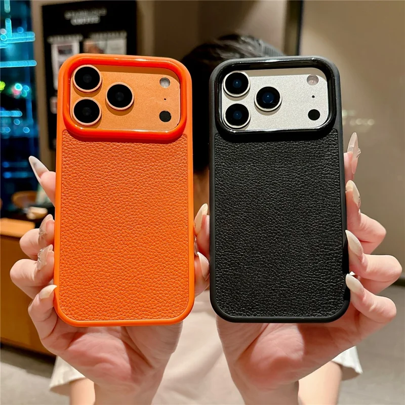 For iPhone 17 Pro Max Case Textured Genuine Cow Leather + PC + TPU Protective Cover - Litchi Texture / Orange