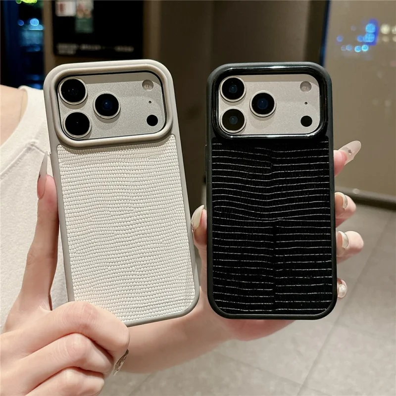 For iPhone 17 Pro Max Case Textured Genuine Cow Leather + PC + TPU Protective Cover - Litchi Texture / Orange