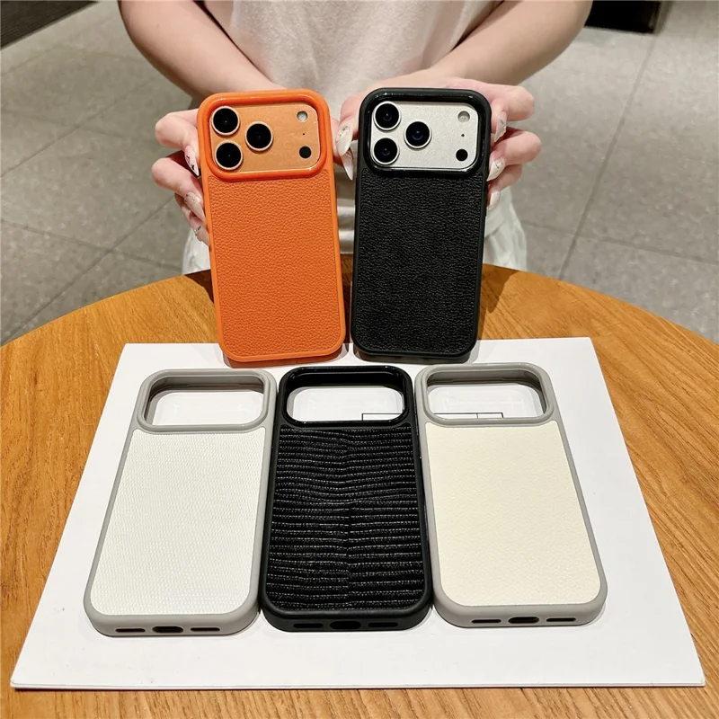 For iPhone 17 Pro Max Case Textured Genuine Cow Leather + PC + TPU Protective Cover - Litchi Texture / Orange