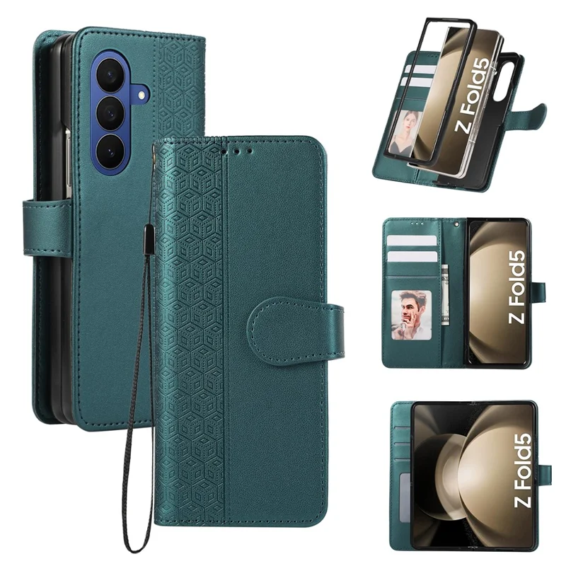 For Samsung Galaxy Z Fold8 Ultra Case Imprinted Rhombus Leather Wallet Phone Cover with Wrist Strap - Green
