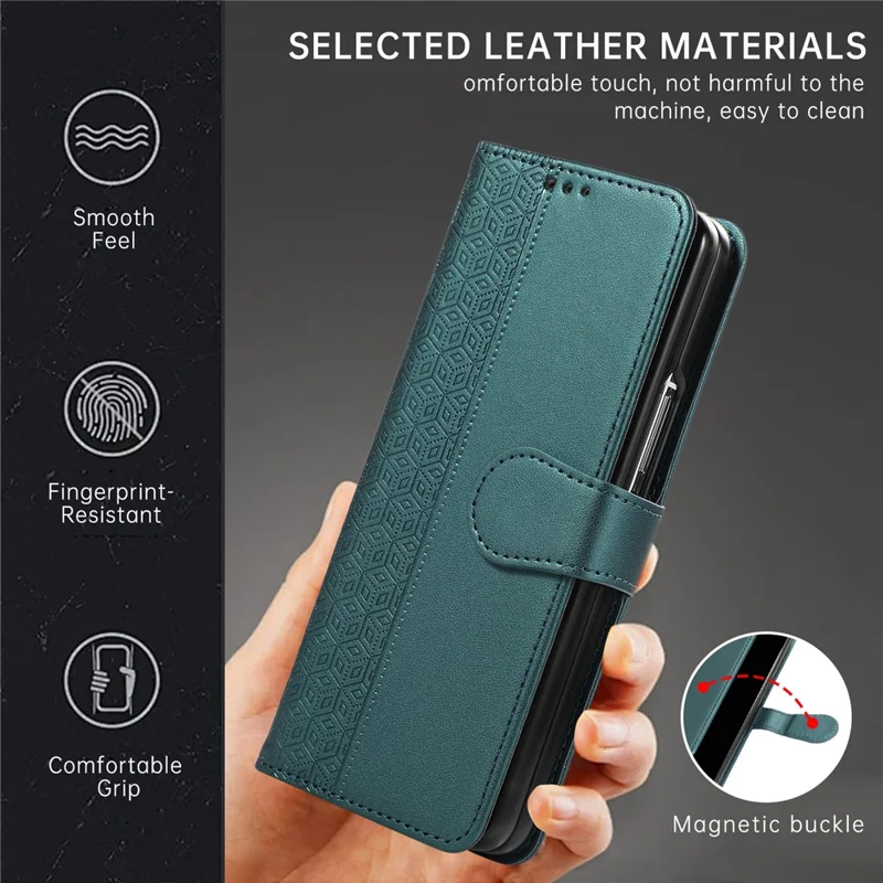 For Samsung Galaxy Z Fold8 Ultra Case Imprinted Rhombus Leather Wallet Phone Cover with Wrist Strap - Green