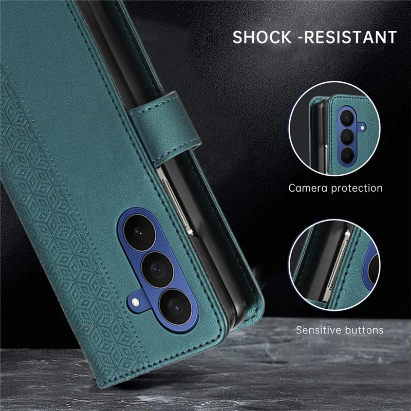 For Samsung Galaxy Z Fold8 Ultra Case Imprinted Rhombus Leather Wallet Phone Cover with Wrist Strap - Green