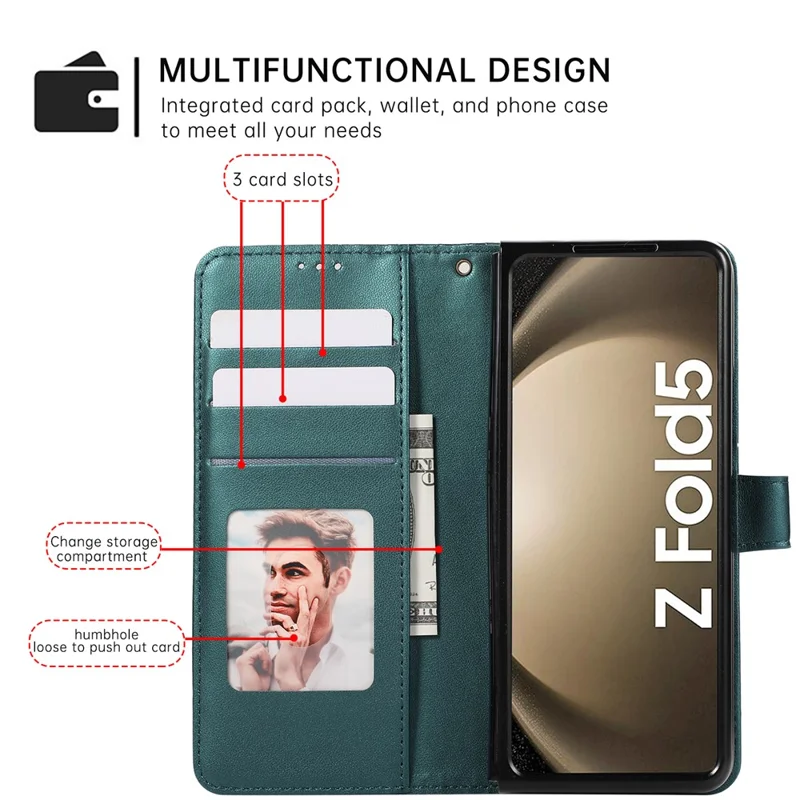 For Samsung Galaxy Z Fold8 Ultra Case Imprinted Rhombus Leather Wallet Phone Cover with Wrist Strap - Green