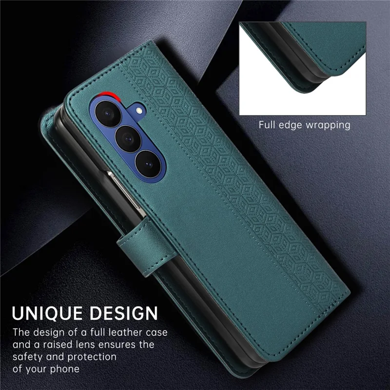 For Samsung Galaxy Z Fold8 Ultra Case Imprinted Rhombus Leather Wallet Phone Cover with Wrist Strap - Green