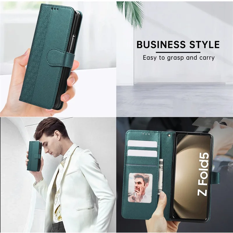 For Samsung Galaxy Z Fold8 Ultra Case Imprinted Rhombus Leather Wallet Phone Cover with Wrist Strap - Green