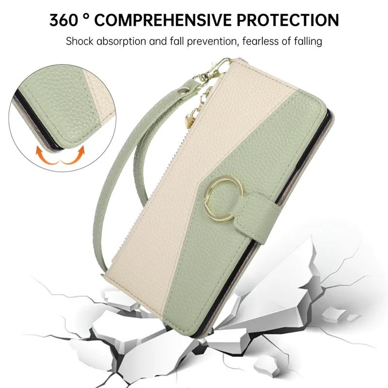 For Samsung Galaxy Z Fold8 Ultra Wallet Case Triangular Splicing Zipper Leather Phone Cover with Wrist Strap - Green