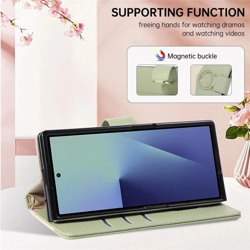 For Samsung Galaxy Z Fold8 Ultra Wallet Case Triangular Splicing Zipper Leather Phone Cover with Wrist Strap - Green